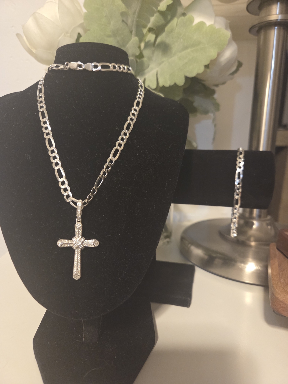 925 Sterling Silver Figaro Chain Necklace with Pave Cross Pendant And Bracelet